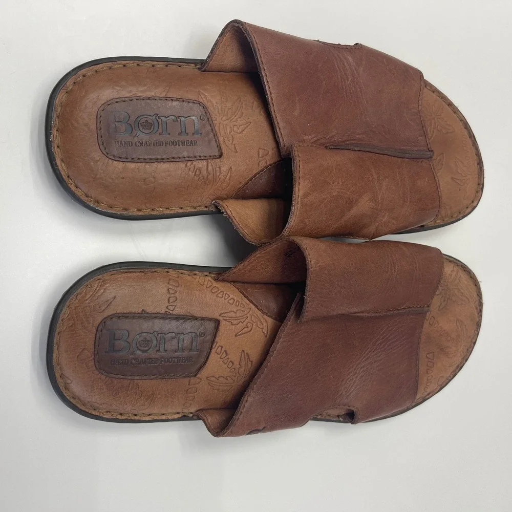 Born Slide Sandals Mens 11 Brown Leather Palm Trees Casual Comfort Slip On Shoes